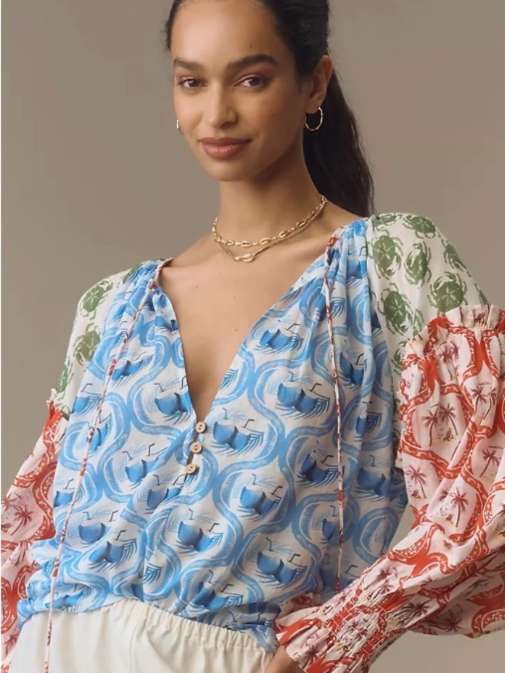FARM RIO SKIRT SET Summer Multicolor Mix-Print Blouse in Blue, Red, Green - Picture 4 of 16